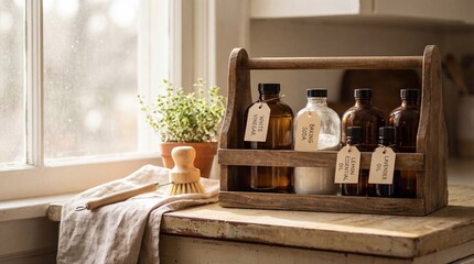 Natural Cleaning Supplies in a Rustic Wooden Caddy on Kitchen Counter