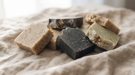 Organic Artisanal Soap Bars with Oatmeal and Charcoal on Linen Cloth