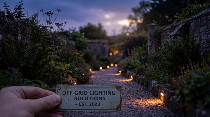 Outdoor garden gravel path illuminated by warm solar lights at dusk with a hand holding a sign