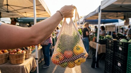 Person Holding Reusable Mesh Bag Filled with Fresh Vegetables at Farmers Market