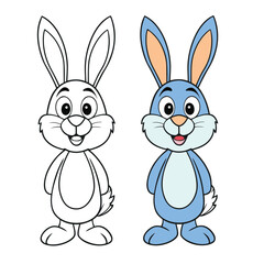 Cute Easter bunny coloring page featuring a smiling bunny with floppy ears, holding a decorated egg amid spring flowers, soft lines and playful details perfect for kids.
