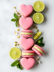 Colorful pink heart macarons are layered with creamy filling, complemented by lime slices, mint leaves, pistachios, and delicate flowers for a fresh, romantic dessert setting.