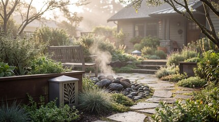 Serene Backyard Garden Path with Stone Stepping Stones and Steaming Rock Feature
