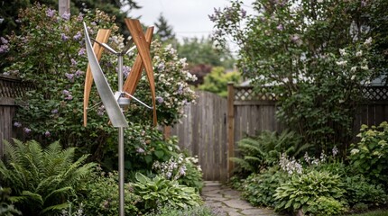 Small Vertical Axis Wind Turbine in a Lush Backyard Garden Setting