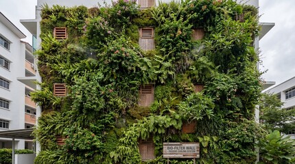 Sustainable green wall on modern architecture featuring various tropical plants and ferns
