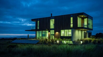 Sustainable Modern Luxury House with Solar Panels at Dusk Blue Hour