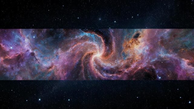 A panoramic nebula with swirls of color, framed by a starry sky