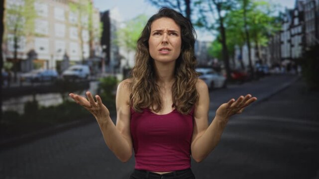Young hispanic woman shrugs bare arms on sunny canal street in pink top under building facades; confusion.