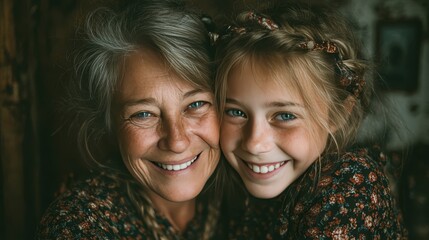 Elderly woman and young girl share a joyful moment together indoors during a cozy afternoon in natural light