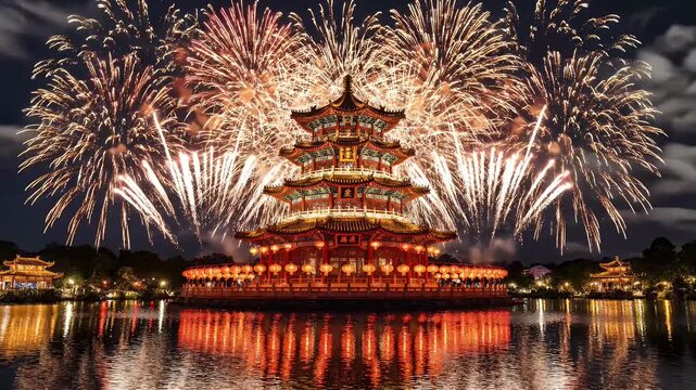 Spectacular Fireworks Display Over Ancient Chinese Pagoda Reflected in Calm Water.