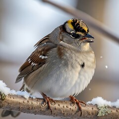 Golden-crowned Sparrow Perched on Snowy Branch in Winter.