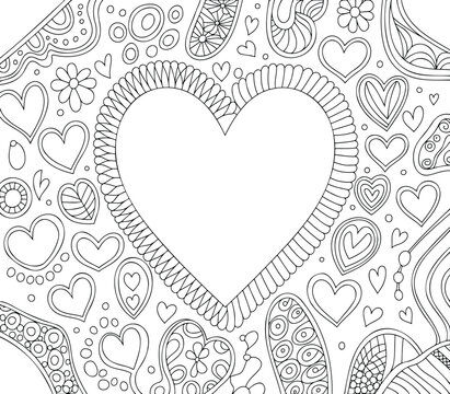 zentangle heart illustration with abstract doodle patterns, artistic love heart coloring page style design, detailed heart sketch with decorative elements