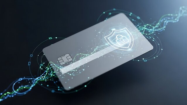 A secure digital payment card with a shield and padlock icon, surrounded by glowing data streams, representing online transaction security. - Powered by Adobe