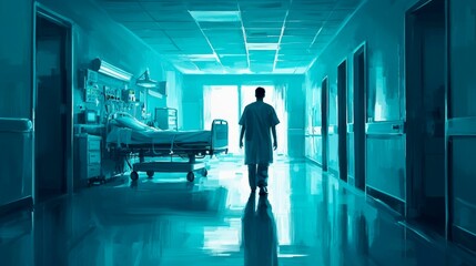 Fototapeta premium Hospital corridor with a medical professional walking towards a patient room in a healthcare setting during a clinical visit