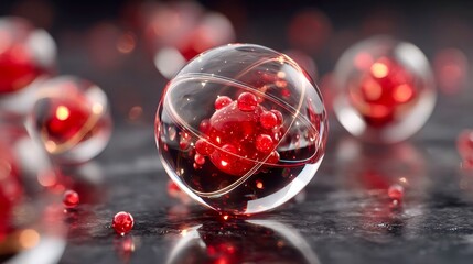 Spheres filled with red particles on a dark surface create a visually striking pattern and interesting light reflections