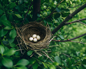 Fototapeta premium A bird s nest carefully woven amongst lush green foliage contains eggs