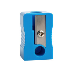 Obraz premium extreme macro close-up of a compact, polished, vibrant azure blue plastic pencil sharpener with an exposed silver blade, isolated on a transparent background, concept for essential school supplies