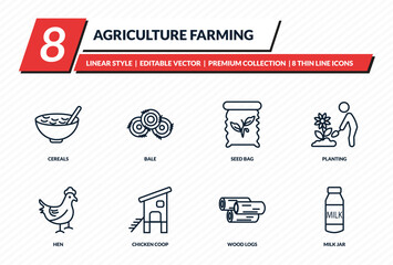 agriculture farming icons set - cereals, bale, seed bag, planting, milk jar outline vector collection. © IconArt