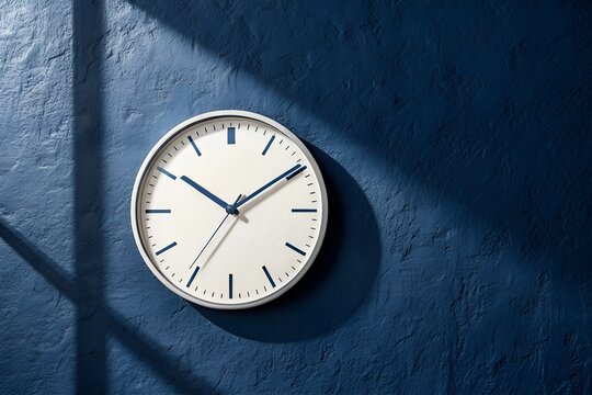 Minimalist Round Analog Wall Clock on Textured Dark Blue Wall with Dramatic Sunlight and Window Shadows, Modern Aesthetic Home Office Interior Decor
Generative Ai. - Powered by Adobe