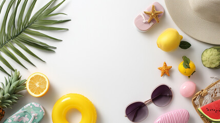 Bright flat lay of a summer beach scene featuring palm leaves, a straw hat, sunglasses, sandals, and colorful fruit accents for vacation, lifestyle, and fashion branding.