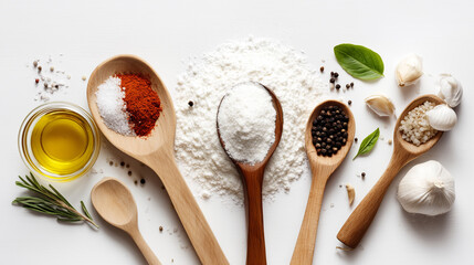 A vibrant collection of kitchen staples on a clean white surface, featuring olive oil, flour, spices, garlic, pepper, salt, rosemary, and basil. Ideal for culinary and cooking concept visuals.