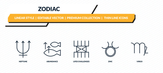 zodiac icons set - neptune, abundance, lifes challenges, zinc, virgo outline vector collection. © IconArt