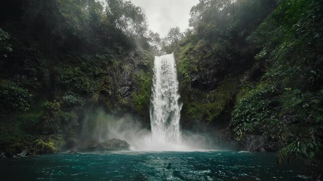 A tall waterfall cascades into a blue pool, surrounded by lush green foliage. Overcast sky