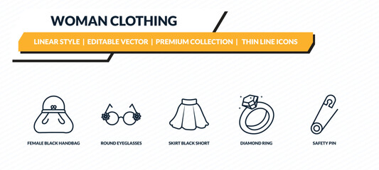 woman clothing icons set - female black handbag, round eyeglasses, skirt black short, diamond ring, safety pin outline vector collection.