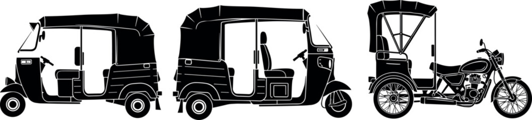 Black silhouette set of traditional Asian three-wheeled transport including auto rickshaw, tuk-tuk, and motorcycle taxi isolated on white background © MD Anas