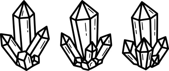Hand-drawn illustration of crystals in a minimalist, black and white style
