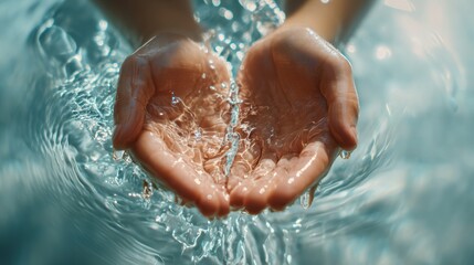 Fototapeta premium Touching sparkling water, Fingers hold gleaming liquid calmly, Clasping radiant liquid under peaceful surroundings, Hold shimmering water amidst tranquil and silent environment