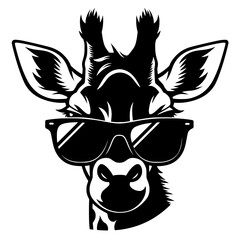 Obraz premium stylized black white giraffe face portrait wearing sunglasses, bold graphic animal illustration isolated on white background with modern pop art attitude.