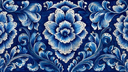 Intricate Mexican Talavera Ceramic Pattern Featuring Bold Blue Floral Symmetry and Graceful Curvilinear Accents