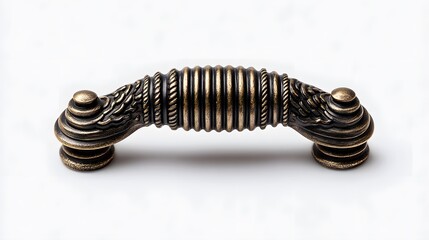 Artistic Rendering of a Classic Vintage Bronze Brushed Drawer Pull Handle Featuring Exquisite Ridged Decorative Edges and Functional Screws on a Pure White Backdrop
