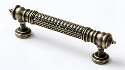 Artistic Rendering of a Classic Vintage Bronze Brushed Drawer Pull Handle Featuring Exquisite Ridged Decorative Edges and Functional Screws on a Pure White Backdrop