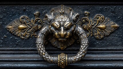 Striking Ornate Door Knocker Ensemble with Distressed Iron, Gleaming Brass, Refined Silver, and Unique Gargoyle Ornamentation Showcasing Architectural Design