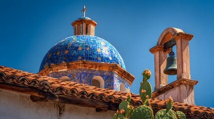 Intricate Mexican Spanish Colonial Church with Blue Dome, Bronze Crossed Bell and Iconic Green Cactus Representing Catholic Cultural Legacy