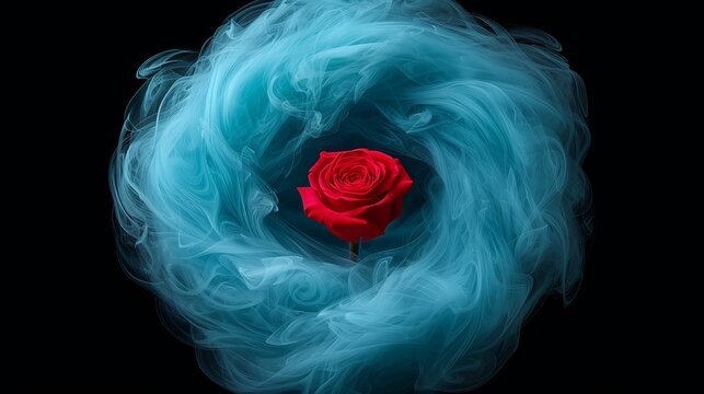 red rose enveloped by blue smoke, single long stem standing against dark backdrop, swirling
