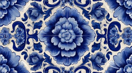Dynamic Talavera Inspired Blue Ceramic Pattern with Symmetrical Floral Geometry and Refined Curvilinear Detailing Reflecting Mexican Artistry
