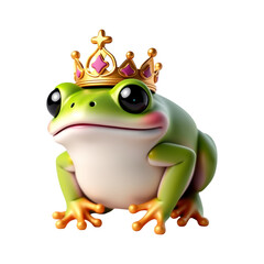A cartoon frog wearing a gold crown with pink jewels on transparent background