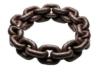 Obraz premium extreme close-up macro shot of a heavily rusted, oxidized industrial steel chain, coiled into an elliptical frame against a transparent studio background with central copy space. Juxtaposition of