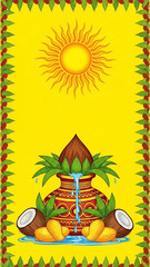 Traditional Tamil Wedding Invitation with Auspicious Symbols, Sun, Kalash, Coconut & Mango Leaves in Vibrant Yellow and Red, Festive South Indian Cultural Design with Elegant Tamil Script