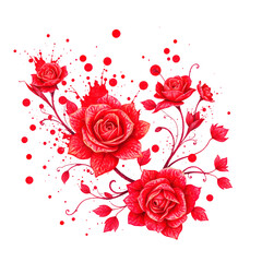 A vibrant floral design featuring red roses and leaves on a transparent background