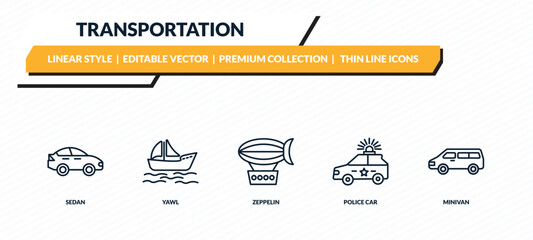 transportation icons set - sedan, yawl, zeppelin, police car, minivan outline vector collection. © IconArt