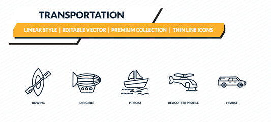 transportation icons set - rowing, dirigible, pt boat, helicopter profile, hearse outline vector collection. © IconArt