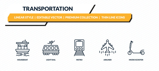 transportation icons set - houseboat, light rail, metro, airliner, micro scooter outline vector collection. © IconArt