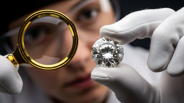 ​A professional gemologist examines a large sparkling diamond through a magnifying glass while wearing white protective inspection gloves.