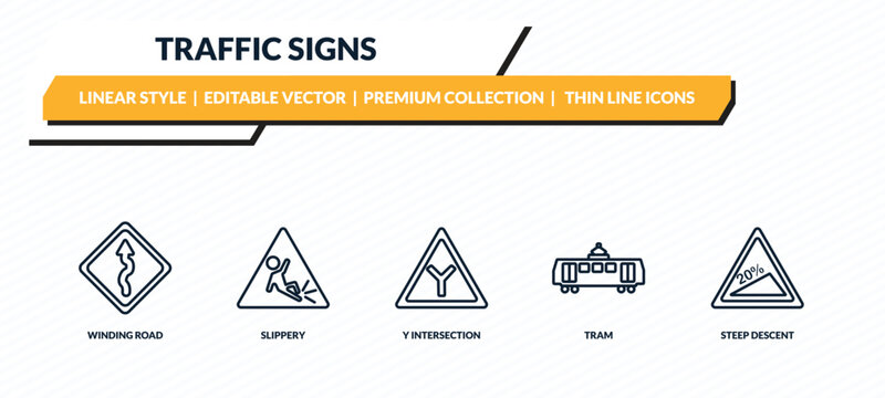 traffic signs icons set - winding road, slippery, y intersection, tram, steep descent outline vector collection.