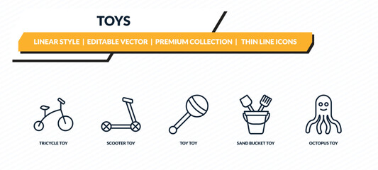 toys icons set - tricycle toy, scooter toy, toy sand bucket octopus outline vector collection. © IconArt
