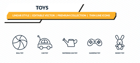 toys icons set - ball toy, car toy, watering can toy, gamepad bunny outline vector collection. © IconArt